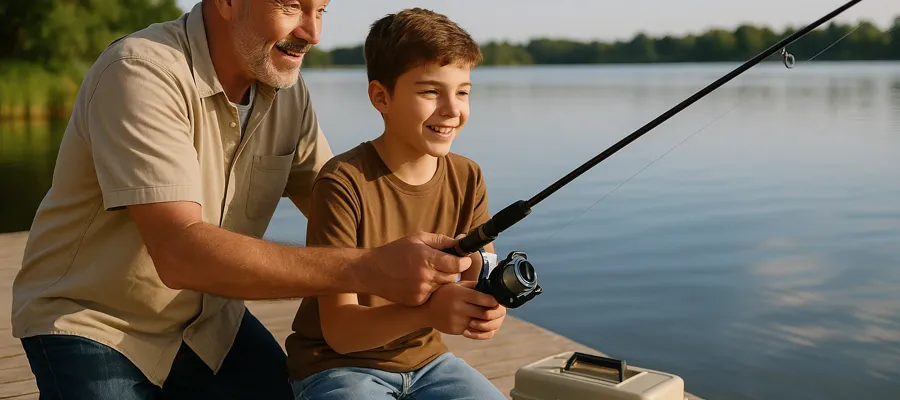 Beginner angler learning to fish on a lakeside dock