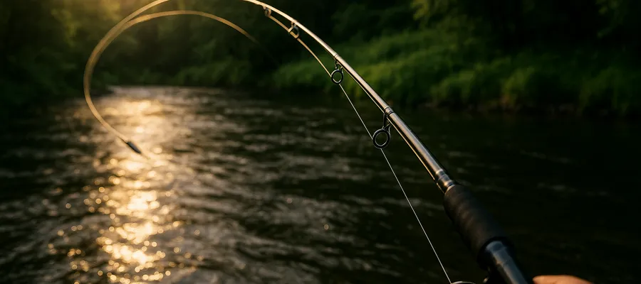 Fishing rod being cast over a river at dawn