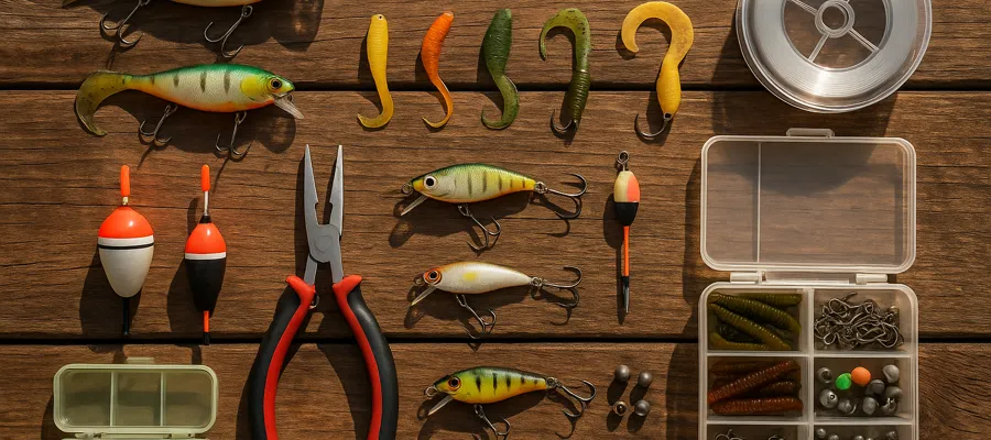 Fishing gear and tackle laid out on a wooden surface